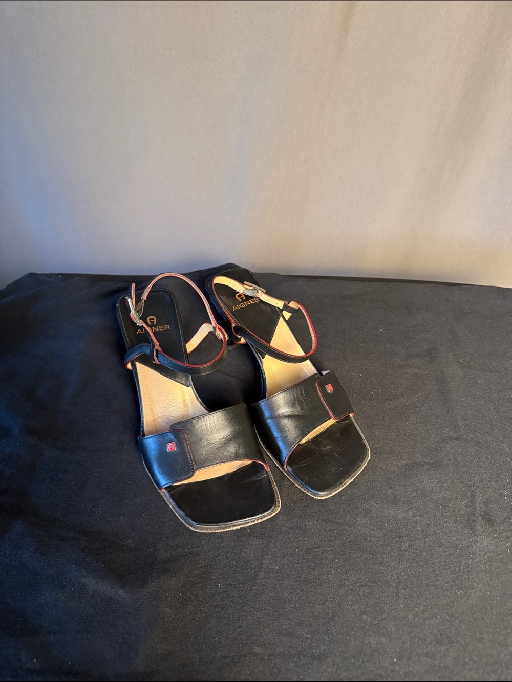 Etienne Aigner Black Leather Sandals with Red Trim